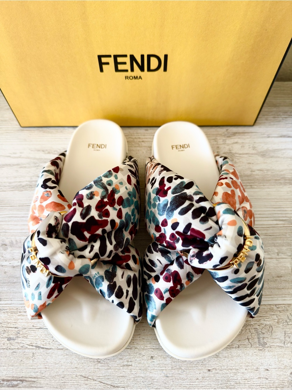 New Fendi Feel Satin women slide sandals, multicolor, size 37, US 7